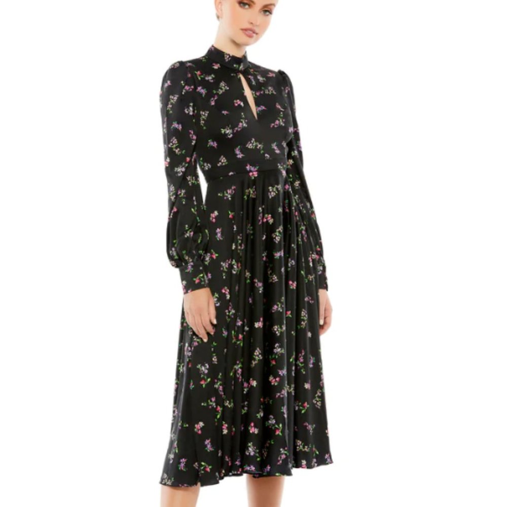 MAC DUGGAL LONG SLEEVE KEYHOLE FIT & FLARE BLACK FLORAL MIDI DRESS sz 6